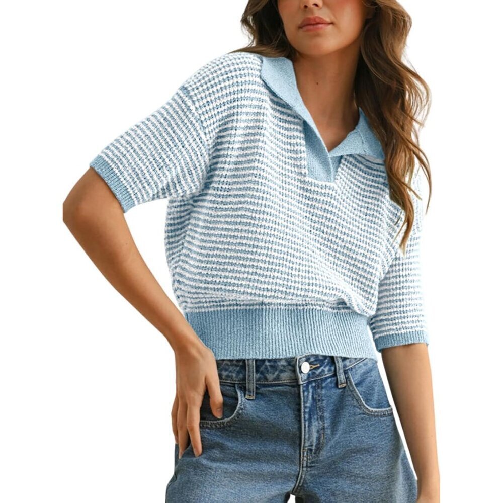 Women’s Striped Knit Sweater Small V Neck Short Puff Sleeve Casual Pullover